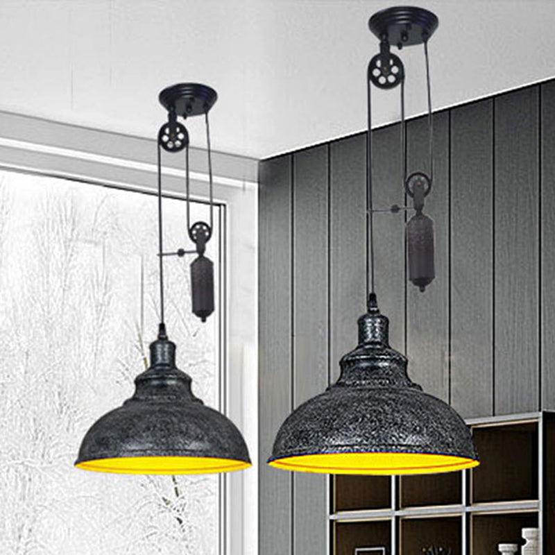 Rustic Industrial Dome Hanging Lamp with Pulley 1 Light Metal Pendant Light Fixture in Brown/Grey for Living Room Grey Clearhalo 'Art Deco Pendants' 'Cast Iron' 'Ceiling Lights' 'Ceramic' 'Crystal' 'Industrial Pendants' 'Industrial' 'Metal' 'Middle Century Pendants' 'Pendant Lights' 'Pendants' 'Tiffany' Lighting' 235808