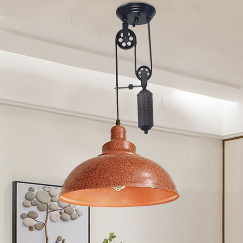 Rustic Industrial Dome Hanging Lamp with Pulley 1 Light Metal Pendant Light Fixture in Brown/Grey for Living Room Rust Clearhalo 'Art Deco Pendants' 'Cast Iron' 'Ceiling Lights' 'Ceramic' 'Crystal' 'Industrial Pendants' 'Industrial' 'Metal' 'Middle Century Pendants' 'Pendant Lights' 'Pendants' 'Tiffany' Lighting' 235810
