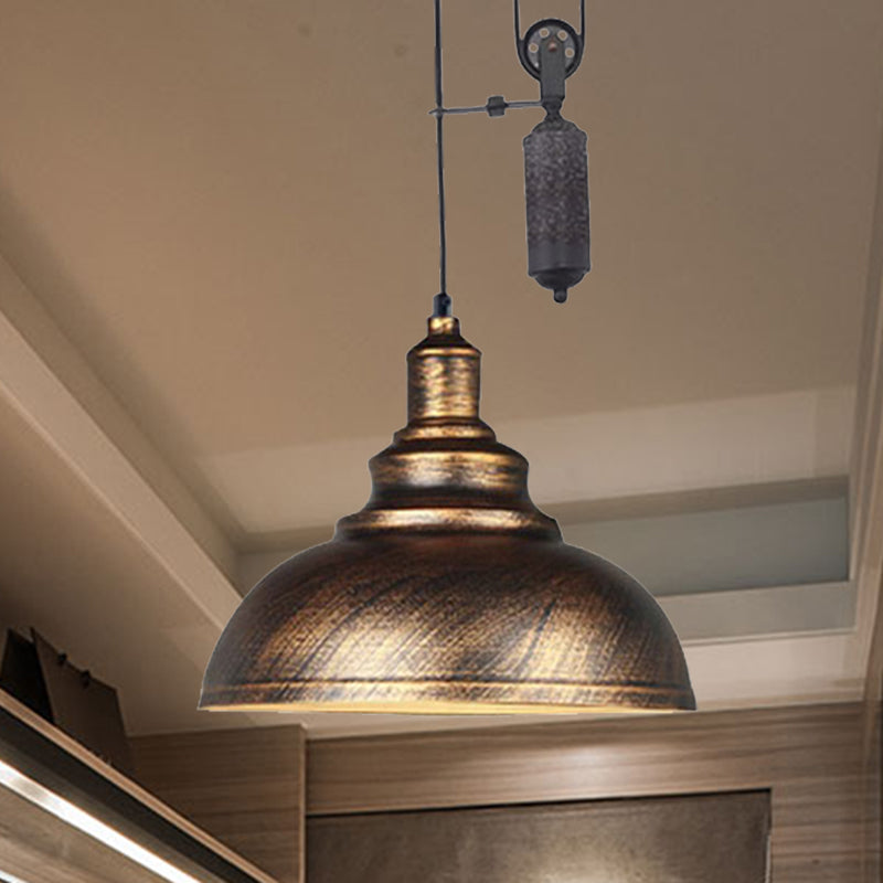 Rustic Industrial Dome Hanging Lamp with Pulley 1 Light Metal Pendant Light Fixture in Brown/Grey for Living Room Bronze Clearhalo 'Art Deco Pendants' 'Cast Iron' 'Ceiling Lights' 'Ceramic' 'Crystal' 'Industrial Pendants' 'Industrial' 'Metal' 'Middle Century Pendants' 'Pendant Lights' 'Pendants' 'Tiffany' Lighting' 235812