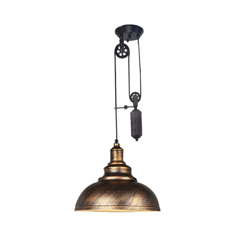 Rustic Industrial Dome Hanging Lamp with Pulley 1 Light Metal Pendant Light Fixture in Brown/Grey for Living Room Clearhalo 'Art Deco Pendants' 'Cast Iron' 'Ceiling Lights' 'Ceramic' 'Crystal' 'Industrial Pendants' 'Industrial' 'Metal' 'Middle Century Pendants' 'Pendant Lights' 'Pendants' 'Tiffany' Lighting' 235814