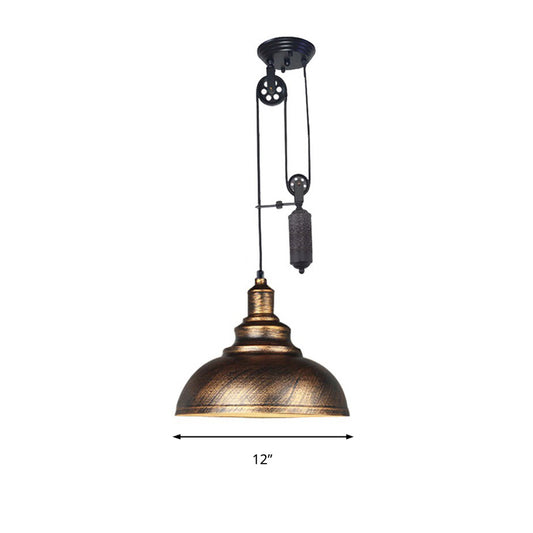 Rustic Industrial Dome Hanging Lamp with Pulley 1 Light Metal Pendant Light Fixture in Brown/Grey for Living Room Clearhalo 'Art Deco Pendants' 'Cast Iron' 'Ceiling Lights' 'Ceramic' 'Crystal' 'Industrial Pendants' 'Industrial' 'Metal' 'Middle Century Pendants' 'Pendant Lights' 'Pendants' 'Tiffany' Lighting' 235815