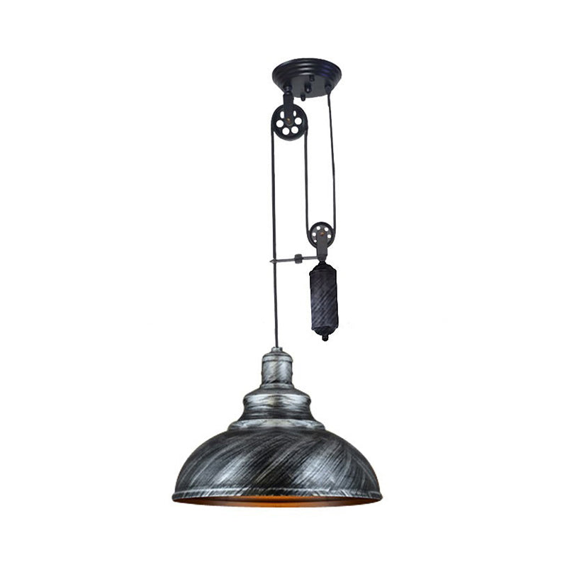 Rustic Industrial Dome Hanging Lamp with Pulley 1 Light Metal Pendant Light Fixture in Brown/Grey for Living Room Clearhalo 'Art Deco Pendants' 'Cast Iron' 'Ceiling Lights' 'Ceramic' 'Crystal' 'Industrial Pendants' 'Industrial' 'Metal' 'Middle Century Pendants' 'Pendant Lights' 'Pendants' 'Tiffany' Lighting' 235817