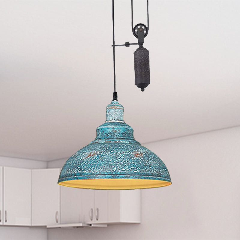 Rustic Industrial Dome Hanging Lamp with Pulley 1 Light Metal Pendant Light Fixture in Brown/Grey for Living Room Blue Clearhalo 'Art Deco Pendants' 'Cast Iron' 'Ceiling Lights' 'Ceramic' 'Crystal' 'Industrial Pendants' 'Industrial' 'Metal' 'Middle Century Pendants' 'Pendant Lights' 'Pendants' 'Tiffany' Lighting' 235818