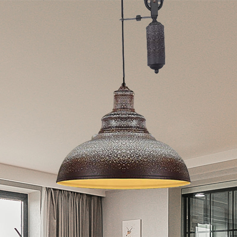 Rustic Industrial Dome Hanging Lamp with Pulley 1 Light Metal Pendant Light Fixture in Brown/Grey for Living Room Brown Clearhalo 'Art Deco Pendants' 'Cast Iron' 'Ceiling Lights' 'Ceramic' 'Crystal' 'Industrial Pendants' 'Industrial' 'Metal' 'Middle Century Pendants' 'Pendant Lights' 'Pendants' 'Tiffany' Lighting' 235820