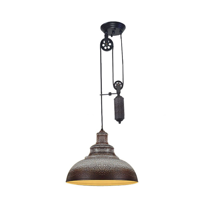 Rustic Industrial Dome Hanging Lamp with Pulley 1 Light Metal Pendant Light Fixture in Brown/Grey for Living Room Clearhalo 'Art Deco Pendants' 'Cast Iron' 'Ceiling Lights' 'Ceramic' 'Crystal' 'Industrial Pendants' 'Industrial' 'Metal' 'Middle Century Pendants' 'Pendant Lights' 'Pendants' 'Tiffany' Lighting' 235821