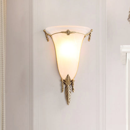 Cone Sconce Light Traditionary White Glass 1 Head Brass Wall Lamp Fixture for Living Room, 10"/13" Wide Brass 10" Clearhalo 'Wall Lamps & Sconces' 'Wall Lights' Lighting' 235828