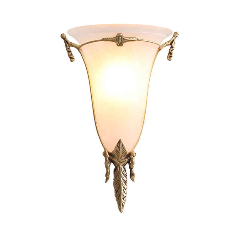 Cone Sconce Light Traditionary White Glass 1 Head Brass Wall Lamp Fixture for Living Room, 10"/13" Wide Clearhalo 'Wall Lamps & Sconces' 'Wall Lights' Lighting' 235830