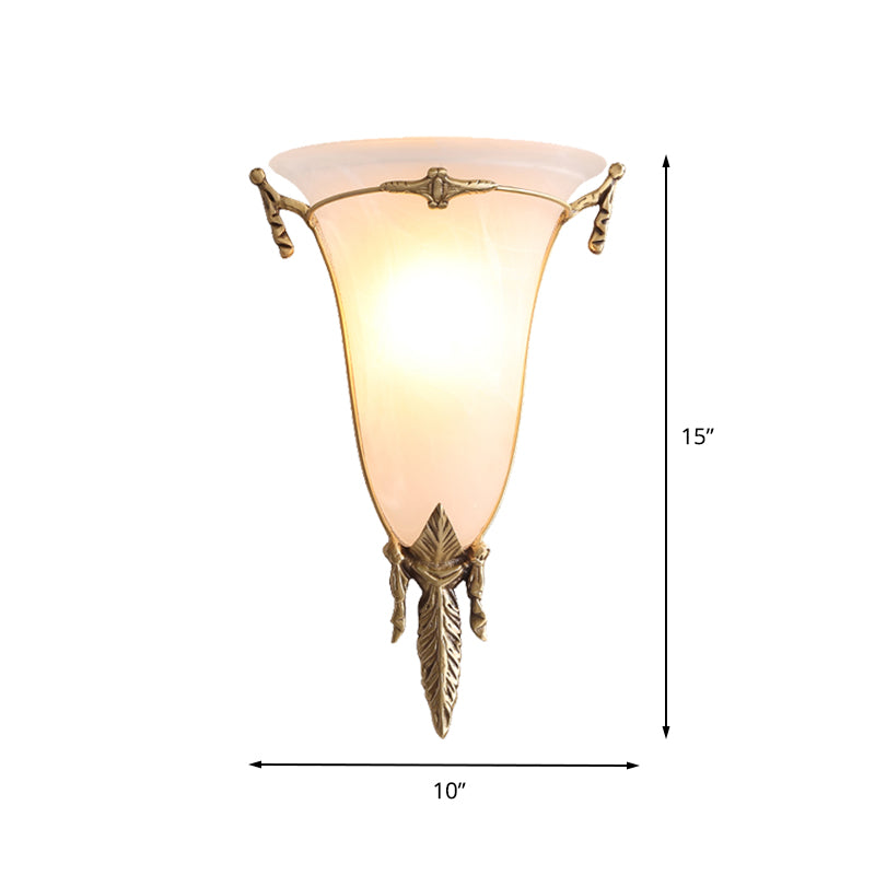 Cone Sconce Light Traditionary White Glass 1 Head Brass Wall Lamp Fixture for Living Room, 10"/13" Wide Clearhalo 'Wall Lamps & Sconces' 'Wall Lights' Lighting' 235831