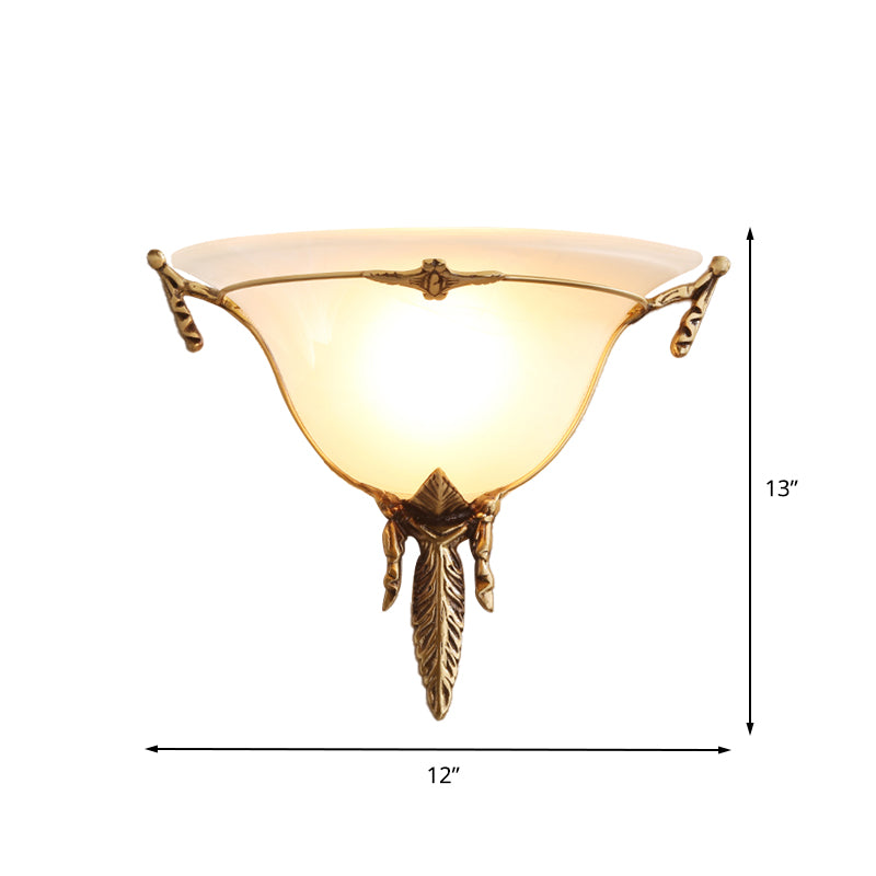 Cone Sconce Light Traditionary White Glass 1 Head Brass Wall Lamp Fixture for Living Room, 10"/13" Wide Clearhalo 'Wall Lamps & Sconces' 'Wall Lights' Lighting' 235836