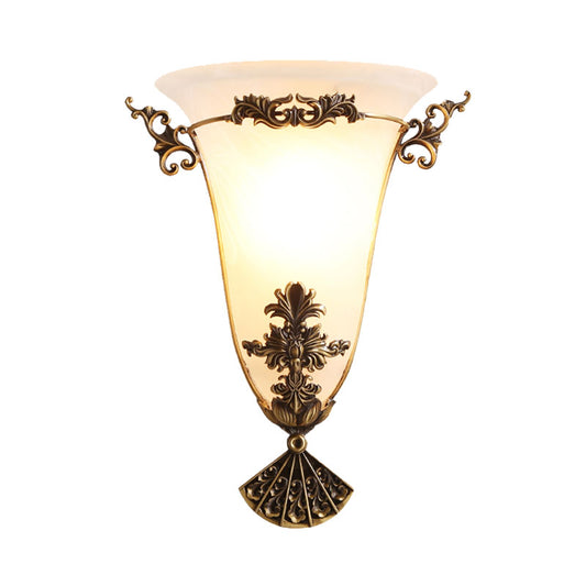 Brass Flower Sconce Light Traditional 1 Head Milky Glass Wall Lighting Fixture for Hallway Clearhalo 'Wall Lamps & Sconces' 'Wall Lights' Lighting' 235919