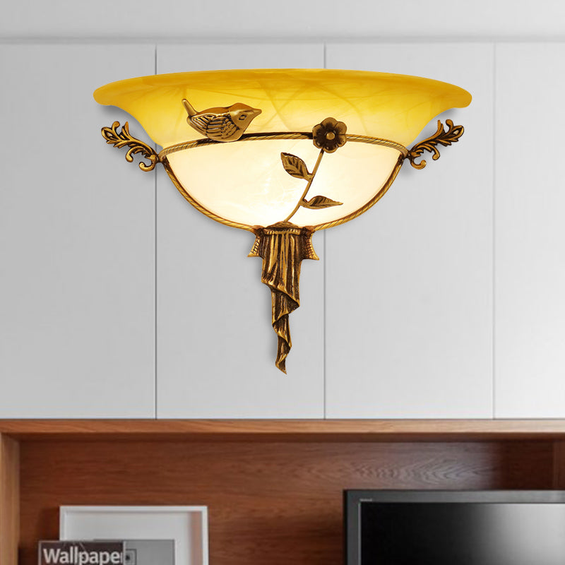 1 Bulb Wide Flare Wall Lamp Tradition White/Yellow Glass Sconce Light Fixture with Flower Deco toward Left/Right Yellow Left Clearhalo 'Wall Lamps & Sconces' 'Wall Lights' Lighting' 235952