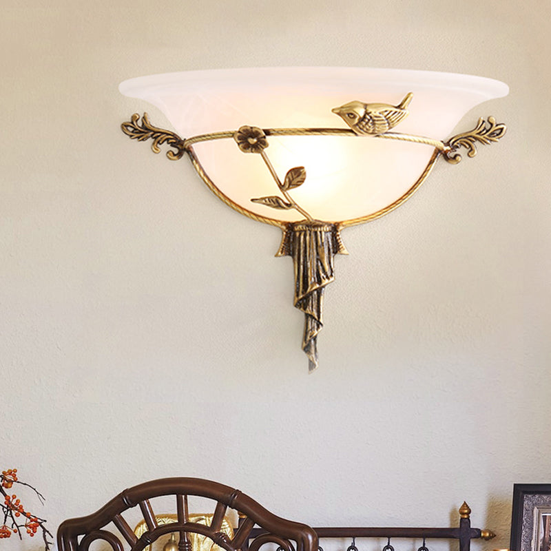 1 Bulb Wide Flare Wall Lamp Tradition White/Yellow Glass Sconce Light Fixture with Flower Deco toward Left/Right White Right Clearhalo 'Wall Lamps & Sconces' 'Wall Lights' Lighting' 235955