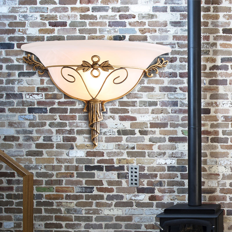 Traditional Trumpet Sconce White/Yellow Glass 1 Bulb Wall Mounted Light Fixture with Leaf Deco for Stairway White Clearhalo 'Wall Lamps & Sconces' 'Wall Lights' Lighting' 235963