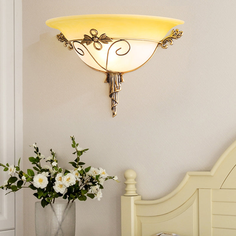 Traditional Trumpet Sconce White/Yellow Glass 1 Bulb Wall Mounted Light Fixture with Leaf Deco for Stairway Yellow Clearhalo 'Wall Lamps & Sconces' 'Wall Lights' Lighting' 235967