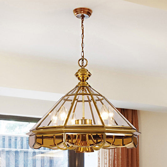 Cone Pendant Chandelier Traditional Clear Glass 6 Bulbs Brass Hanging Ceiling Light Clearhalo 'Ceiling Lights' 'Chandeliers' 'Glass shade' 'Glass' Lighting' 236103