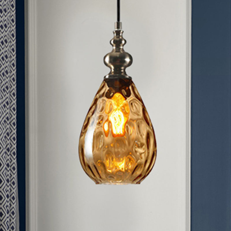 6"/8" Wide Water Drop Pendant Lamp Contemporary Amber/Clear Dimple Glass 1 Head Bedside Hanging Ceiling Light Amber 6" Clearhalo 'Ceiling Lights' 'Glass shade' 'Glass' 'Modern Pendants' 'Modern' 'Pendant Lights' 'Pendants' Lighting' 236150