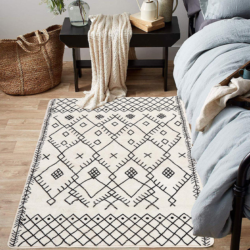 White Geometric Print Rug Lamb Wool Boho Area Carpet Easy Care Pet Friendly Washable Indoor For Bedroom Clearhalo