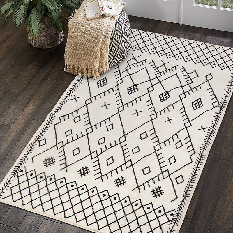 White Geometric Print Rug Lamb Wool Boho Area Carpet Easy Care Pet Friendly Washable Indoor For Bedroom Clearhalo