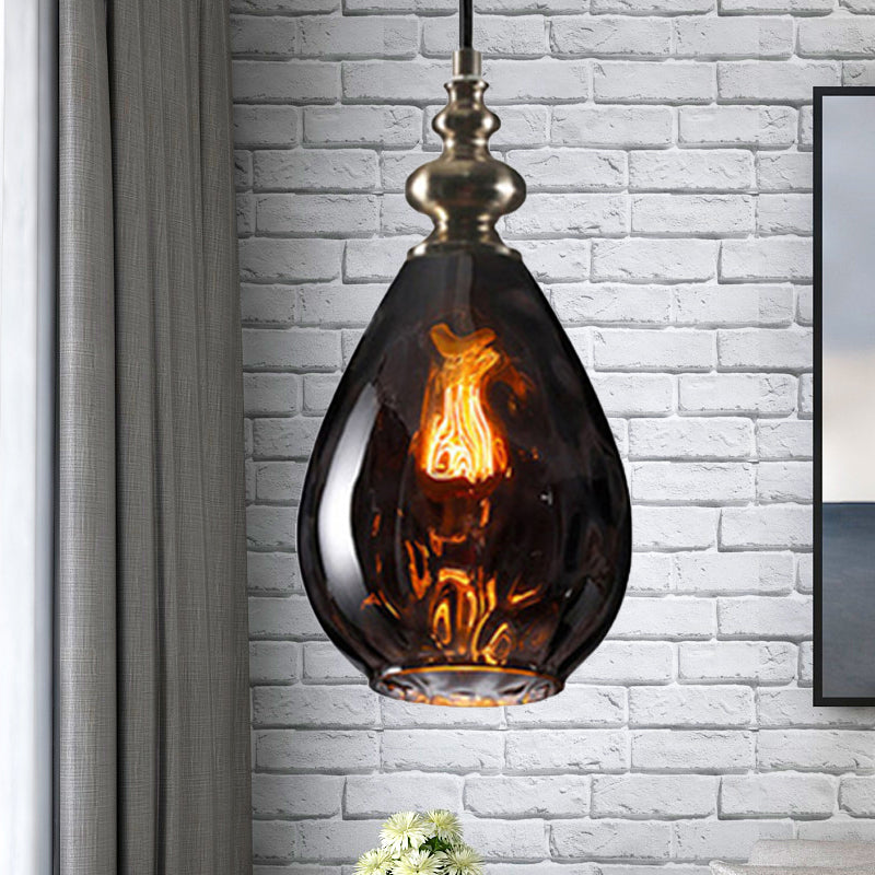 6"/8" Wide Water Drop Pendant Lamp Contemporary Amber/Clear Dimple Glass 1 Head Bedside Hanging Ceiling Light Smoke Gray 6" Clearhalo 'Ceiling Lights' 'Glass shade' 'Glass' 'Modern Pendants' 'Modern' 'Pendant Lights' 'Pendants' Lighting' 236156
