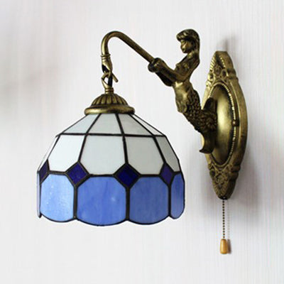 Dome White Glass Wall Mount Light Baroque 1 Head 6"/8" Wide Blue Sconce Light with Pull Chain Clearhalo 'Industrial' 'Middle century wall lights' 'Tiffany wall lights' 'Tiffany' 'Wall Lamps & Sconces' 'Wall Lights' Lighting' 23629