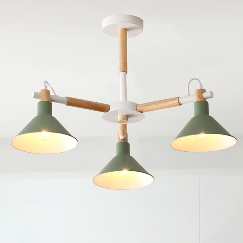 Macaroon Horn Shape Pendant Lights 3 Bulbs Metal and wooden Hanging Light Fixture for Dining Room Kid Bedroom Green Clearhalo 'Ceiling Lights' 'Chandeliers' Lighting' options 236290_91feca7b-8f9c-4983-adbb-1db8c366de13