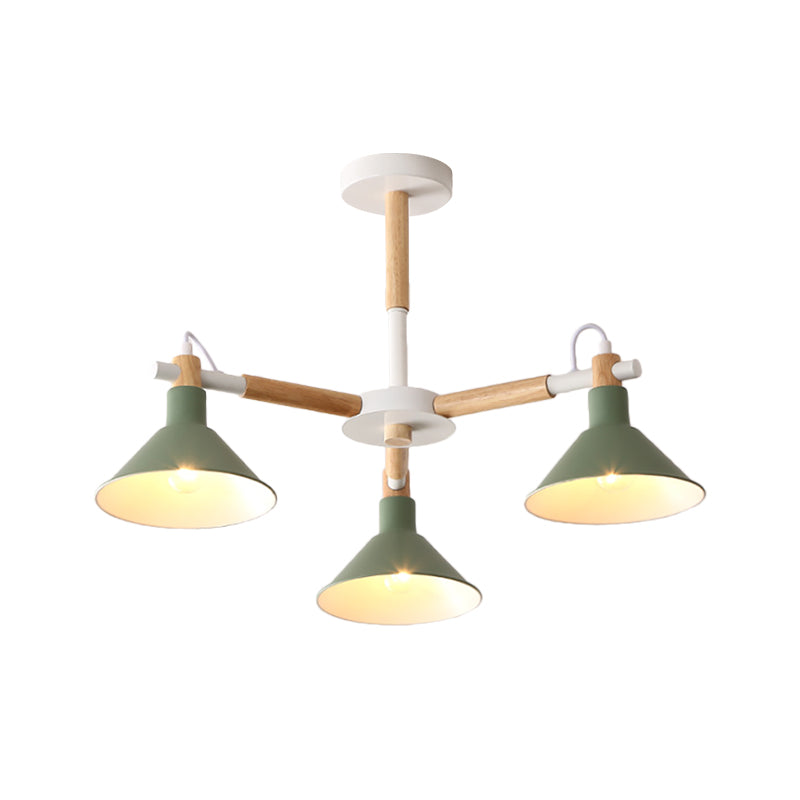 Macaroon Horn Shape Pendant Lights 3 Bulbs Metal and wooden Hanging Light Fixture for Dining Room Kid Bedroom Clearhalo 'Ceiling Lights' 'Chandeliers' Lighting' options 236292