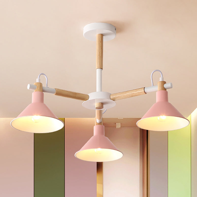 Macaroon Horn Shape Pendant Lights 3 Bulbs Metal and wooden Hanging Light Fixture for Dining Room Kid Bedroom Pink Clearhalo 'Ceiling Lights' 'Chandeliers' Lighting' options 236300_3bff23e1-9147-483c-acaf-f55e7eb02fda