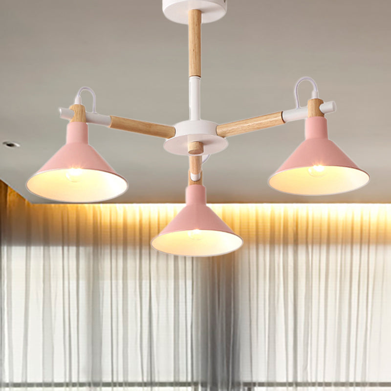 Macaroon Horn Shape Pendant Lights 3 Bulbs Metal and wooden Hanging Light Fixture for Dining Room Kid Bedroom Clearhalo 'Ceiling Lights' 'Chandeliers' Lighting' options 236301