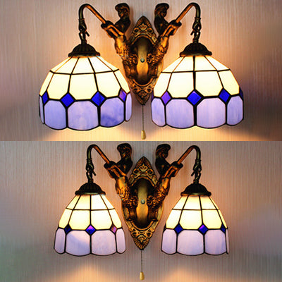 Grid Patterned Wall Mounted Light Baroque Blue Glass 1 Head Antique Brass Sconce Light, 6"/8" Wide Clearhalo 'Industrial' 'Middle century wall lights' 'Tiffany wall lights' 'Tiffany' 'Wall Lamps & Sconces' 'Wall Lights' Lighting' 23639