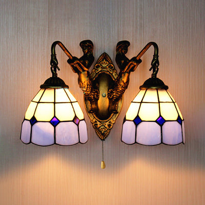 Grid Patterned Wall Mounted Light Baroque Blue Glass 1 Head Antique Brass Sconce Light, 6"/8" Wide Blue 6" Clearhalo 'Industrial' 'Middle century wall lights' 'Tiffany wall lights' 'Tiffany' 'Wall Lamps & Sconces' 'Wall Lights' Lighting' 23640