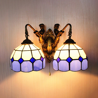 Grid Patterned Wall Mounted Light Baroque Blue Glass 1 Head Antique Brass Sconce Light, 6"/8" Wide Blue 8" Clearhalo 'Industrial' 'Middle century wall lights' 'Tiffany wall lights' 'Tiffany' 'Wall Lamps & Sconces' 'Wall Lights' Lighting' 23641