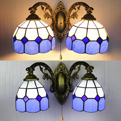 Stained Glass Dome Wall Lamp with Pull Chain Nautical 2 Heads 6"/8" W Wall Mount Light in Blue for Bedroom Clearhalo 'Industrial' 'Middle century wall lights' 'Tiffany wall lights' 'Tiffany' 'Wall Lamps & Sconces' 'Wall Lights' Lighting' 23642