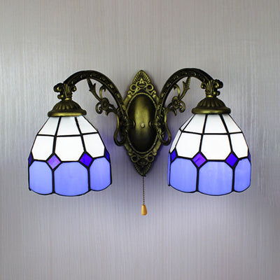 Stained Glass Dome Wall Lamp with Pull Chain Nautical 2 Heads 6"/8" W Wall Mount Light in Blue for Bedroom Blue 6" Clearhalo 'Industrial' 'Middle century wall lights' 'Tiffany wall lights' 'Tiffany' 'Wall Lamps & Sconces' 'Wall Lights' Lighting' 23643