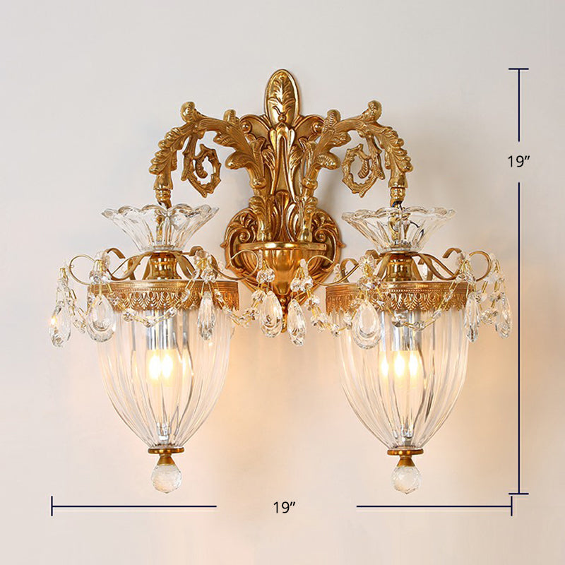 Gold Finish Wall Light French Country Clear Rib Glass Bell Shaped Wall Sconce for Corridor 2.0 Gold Brass Clearhalo 'Wall Lamps & Sconces' 'Wall Lights' Lighting' 2364432