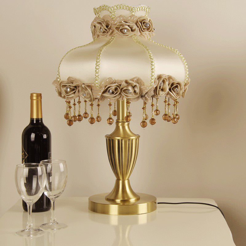 Brass 1-Bulb Night Stand Lamp Vintage Fabric Flower Table Light with Beaded Trim Brass Clearhalo 'Lamps' 'Table Lamps' Lighting' 2364465