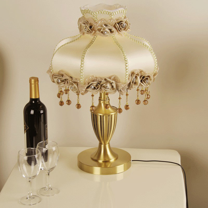 Brass 1-Bulb Night Stand Lamp Vintage Fabric Flower Table Light with Beaded Trim Clearhalo 'Lamps' 'Table Lamps' Lighting' 2364466
