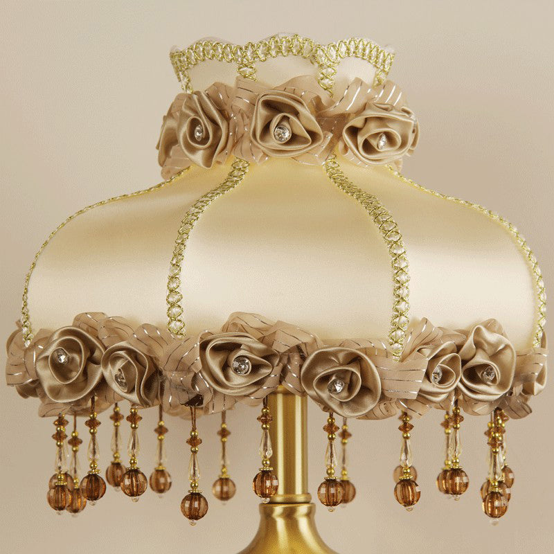 Brass 1-Bulb Night Stand Lamp Vintage Fabric Flower Table Light with Beaded Trim Clearhalo 'Lamps' 'Table Lamps' Lighting' 2364468
