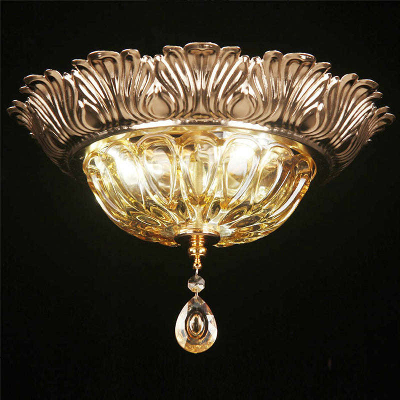 3 Lights Bowl Flush Ceiling Light Retro Amber Glass Flush Mount Fixture with Crystal Drop Amber Clearhalo 'Ceiling Lights' 'Close To Ceiling Lights' 'Close to ceiling' 'Flush mount' Lighting' 2364470