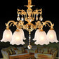 Gold Flower Down Lighting Traditional Cream Glass 6 Heads Dining Room Chandelier with Crystal Teardrops Clearhalo 'Ceiling Lights' 'Chandeliers' Lighting' 2364499