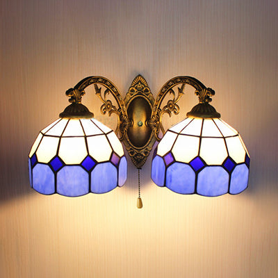 Stained Glass Dome Wall Lamp with Pull Chain Nautical 2 Heads 6"/8" W Wall Mount Light in Blue for Bedroom Blue 8" Clearhalo 'Industrial' 'Middle century wall lights' 'Tiffany wall lights' 'Tiffany' 'Wall Lamps & Sconces' 'Wall Lights' Lighting' 23644