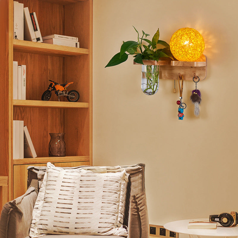 1-Light Rattan Wall Light Fixture Nordic Ball Living Room Sconce Lamp with Pull Chain and Plant Pot Clearhalo 'Industrial wall lights' 'Industrial' 'Middle century wall lights' 'Rustic wall lights' 'Tiffany' 'Wall Lamps & Sconces' 'Wall Lights' Lighting' 2364582