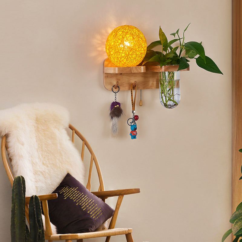 1-Light Rattan Wall Light Fixture Nordic Ball Living Room Sconce Lamp with Pull Chain and Plant Pot Clearhalo 'Industrial wall lights' 'Industrial' 'Middle century wall lights' 'Rustic wall lights' 'Tiffany' 'Wall Lamps & Sconces' 'Wall Lights' Lighting' 2364583