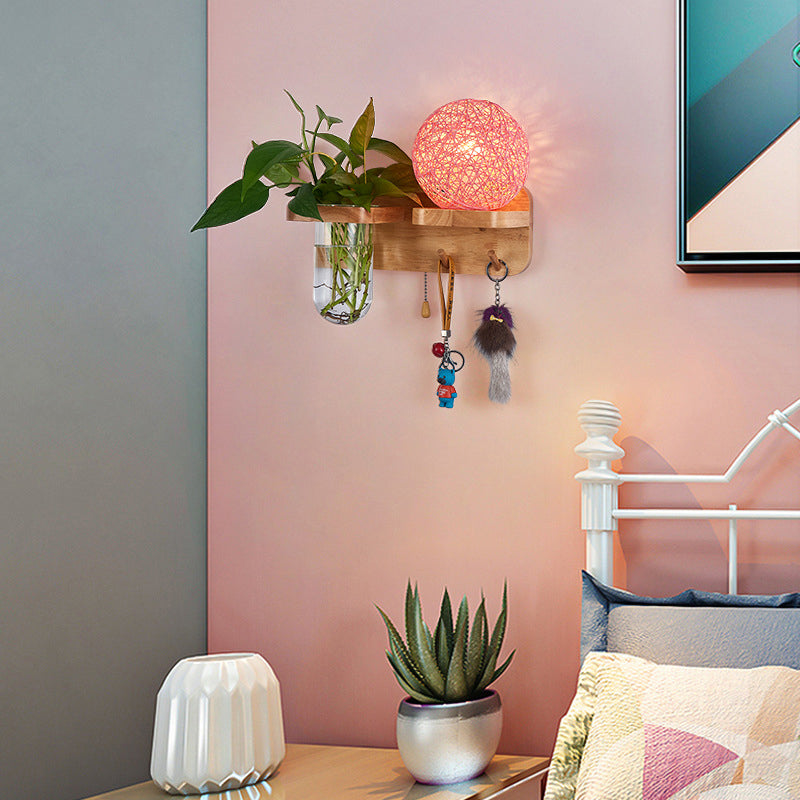 1-Light Rattan Wall Light Fixture Nordic Ball Living Room Sconce Lamp with Pull Chain and Plant Pot Clearhalo 'Industrial wall lights' 'Industrial' 'Middle century wall lights' 'Rustic wall lights' 'Tiffany' 'Wall Lamps & Sconces' 'Wall Lights' Lighting' 2364584