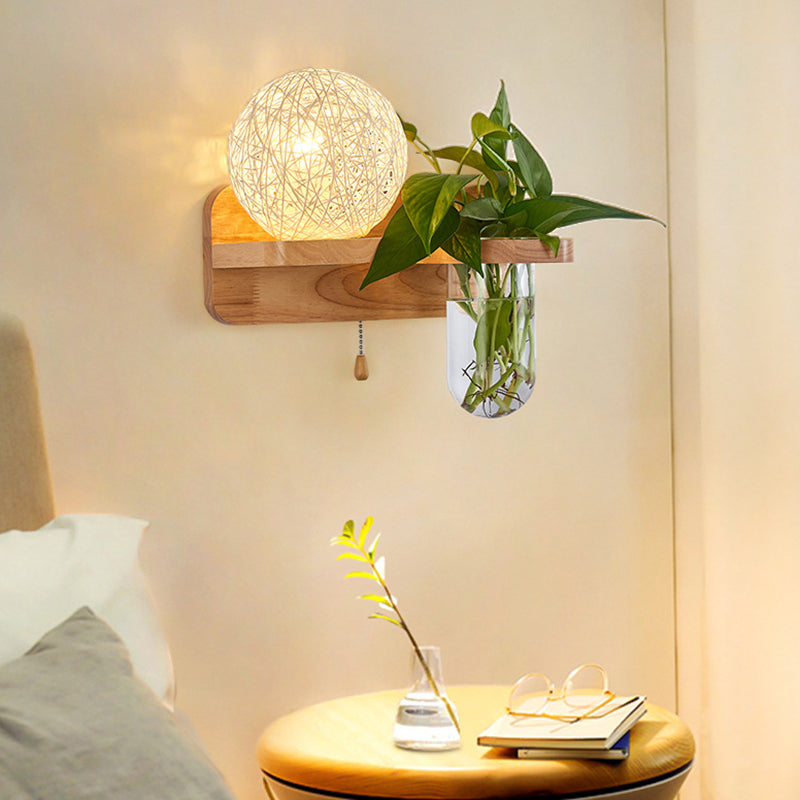 1-Light Rattan Wall Light Fixture Nordic Ball Living Room Sconce Lamp with Pull Chain and Plant Pot Clearhalo 'Industrial wall lights' 'Industrial' 'Middle century wall lights' 'Rustic wall lights' 'Tiffany' 'Wall Lamps & Sconces' 'Wall Lights' Lighting' 2364585