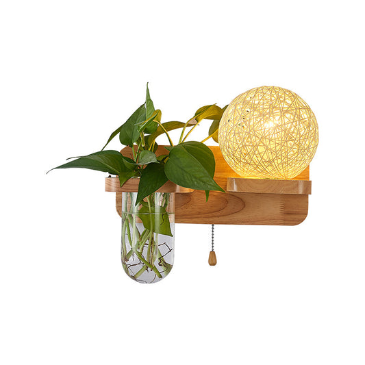 1-Light Rattan Wall Light Fixture Nordic Ball Living Room Sconce Lamp with Pull Chain and Plant Pot Clearhalo 'Industrial wall lights' 'Industrial' 'Middle century wall lights' 'Rustic wall lights' 'Tiffany' 'Wall Lamps & Sconces' 'Wall Lights' Lighting' 2364586