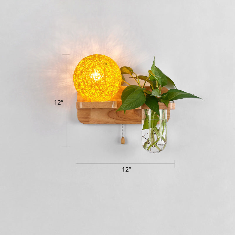 1-Light Rattan Wall Light Fixture Nordic Ball Living Room Sconce Lamp with Pull Chain and Plant Pot Yellow Left Clearhalo 'Industrial wall lights' 'Industrial' 'Middle century wall lights' 'Rustic wall lights' 'Tiffany' 'Wall Lamps & Sconces' 'Wall Lights' Lighting' 2364587