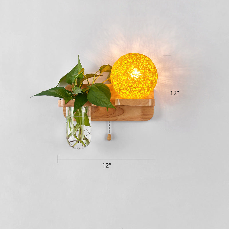 1-Light Rattan Wall Light Fixture Nordic Ball Living Room Sconce Lamp with Pull Chain and Plant Pot Yellow Right Clearhalo 'Industrial wall lights' 'Industrial' 'Middle century wall lights' 'Rustic wall lights' 'Tiffany' 'Wall Lamps & Sconces' 'Wall Lights' Lighting' 2364588