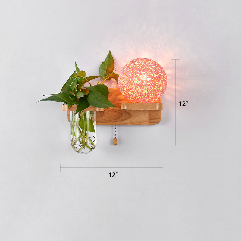 1-Light Rattan Wall Light Fixture Nordic Ball Living Room Sconce Lamp with Pull Chain and Plant Pot Pink Right Clearhalo 'Industrial wall lights' 'Industrial' 'Middle century wall lights' 'Rustic wall lights' 'Tiffany' 'Wall Lamps & Sconces' 'Wall Lights' Lighting' 2364589