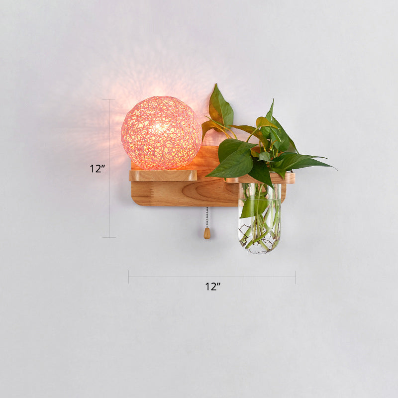 1-Light Rattan Wall Light Fixture Nordic Ball Living Room Sconce Lamp with Pull Chain and Plant Pot Pink Left Clearhalo 'Industrial wall lights' 'Industrial' 'Middle century wall lights' 'Rustic wall lights' 'Tiffany' 'Wall Lamps & Sconces' 'Wall Lights' Lighting' 2364590