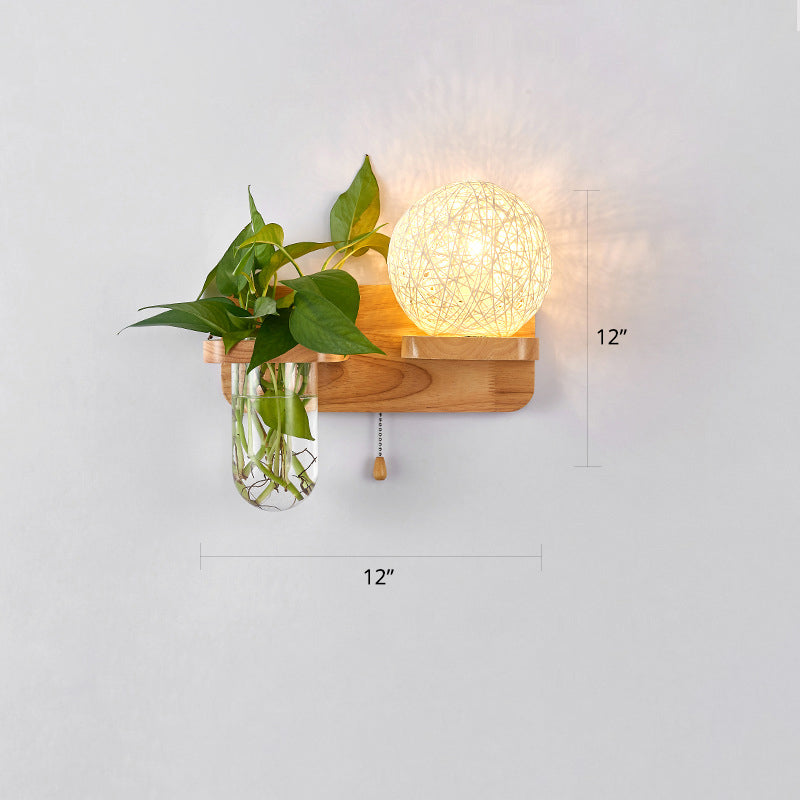 1-Light Rattan Wall Light Fixture Nordic Ball Living Room Sconce Lamp with Pull Chain and Plant Pot White Right Clearhalo 'Industrial wall lights' 'Industrial' 'Middle century wall lights' 'Rustic wall lights' 'Tiffany' 'Wall Lamps & Sconces' 'Wall Lights' Lighting' 2364591